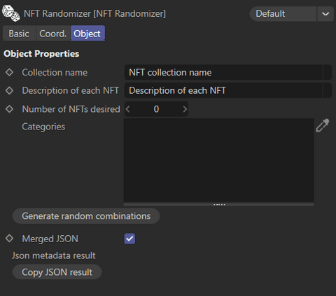 The NFT Randomizer panel inside Cinema 4D, showing collection name, number of NFTs, categories and the generate button